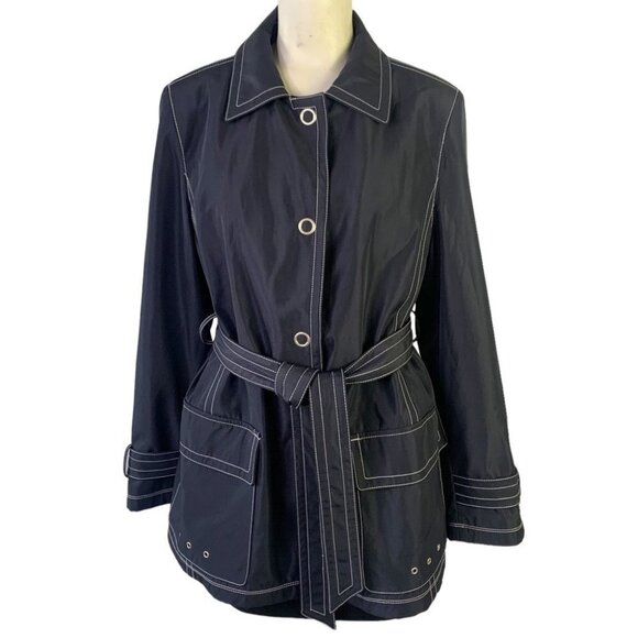JONES NEW YORK BLUE COAT NAUTICAL TRENCH COAT  BELT CONTRASTING STITCHES LARGE - Picture 1 of 10